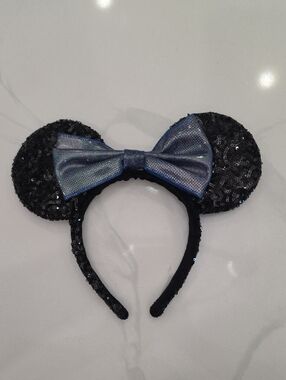 Disney 50th Anniversary Black Sequin Mouse Ear Headband with Blue denium bow